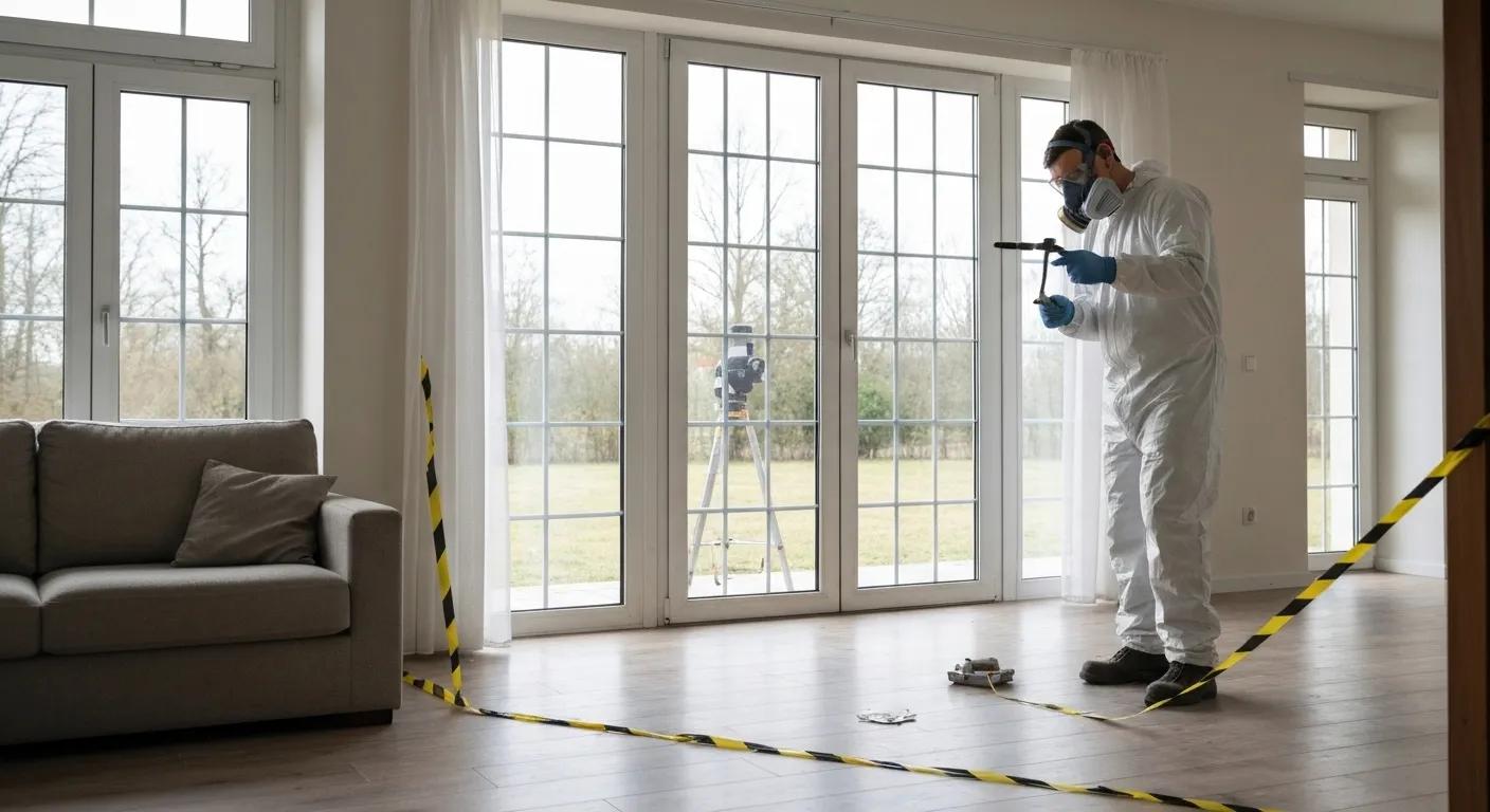 Contractor in protective gear inspecting for asbestos in a residential setting with safety measures in place