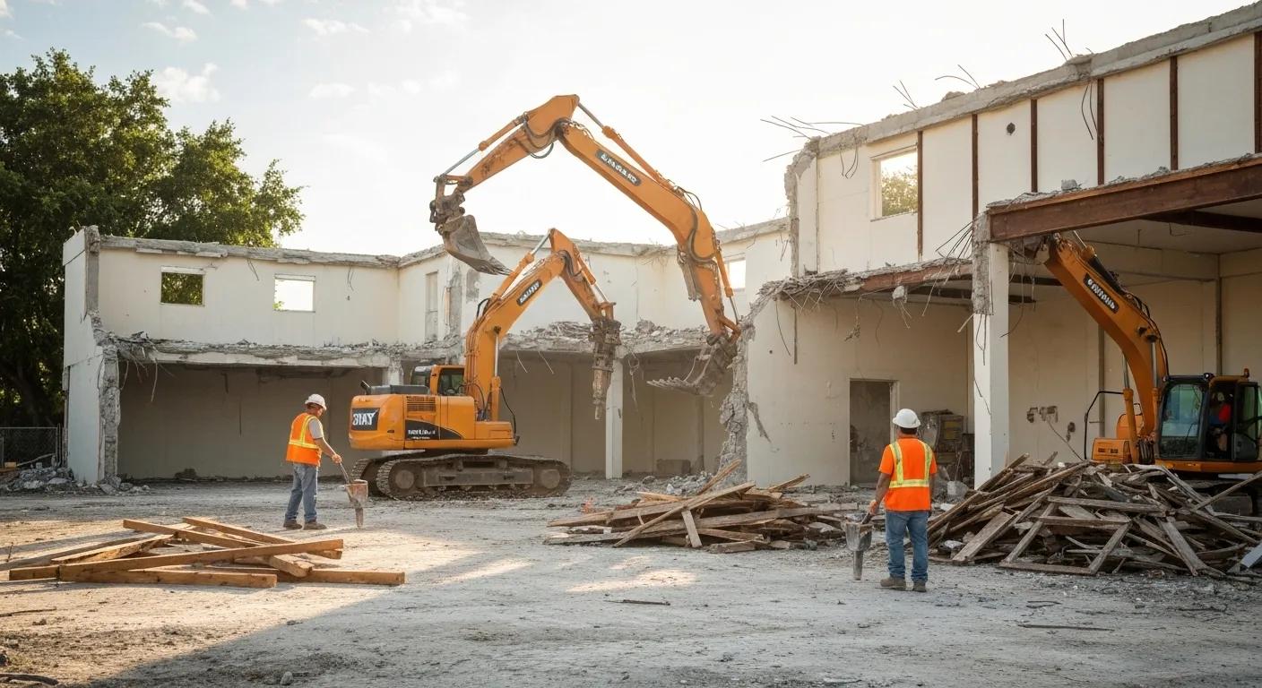 A team of demolition experts in Hollywood, FL, carefully dismantling a structure to salvage materials and promote sustainability.