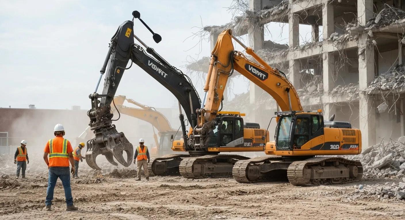 Demolition contractors in safety gear working on a site with heavy machinery and a partially demolished building