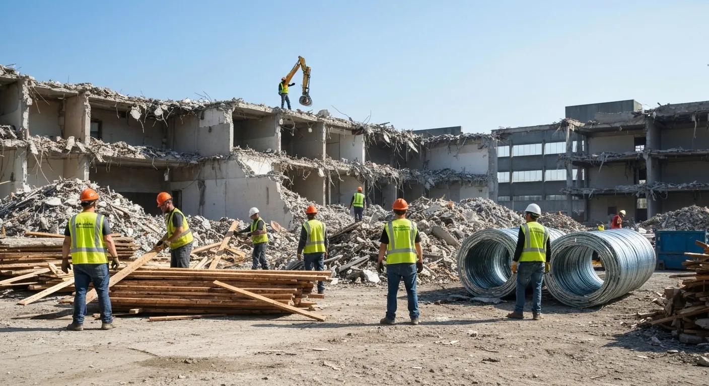 Workers sorting materials for recycling at a sustainable demolition site