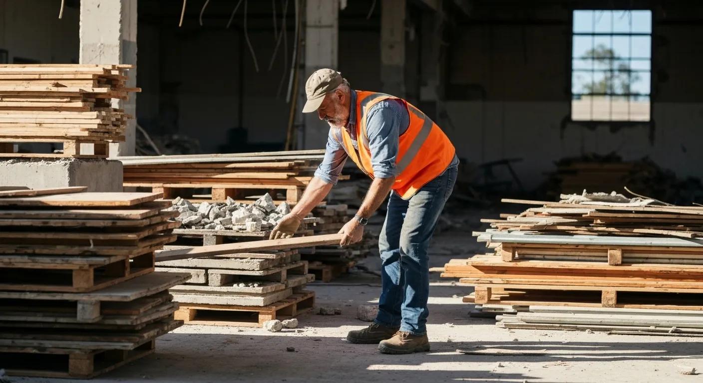Contractor sorting materials for recycling at an eco-friendly demolition site