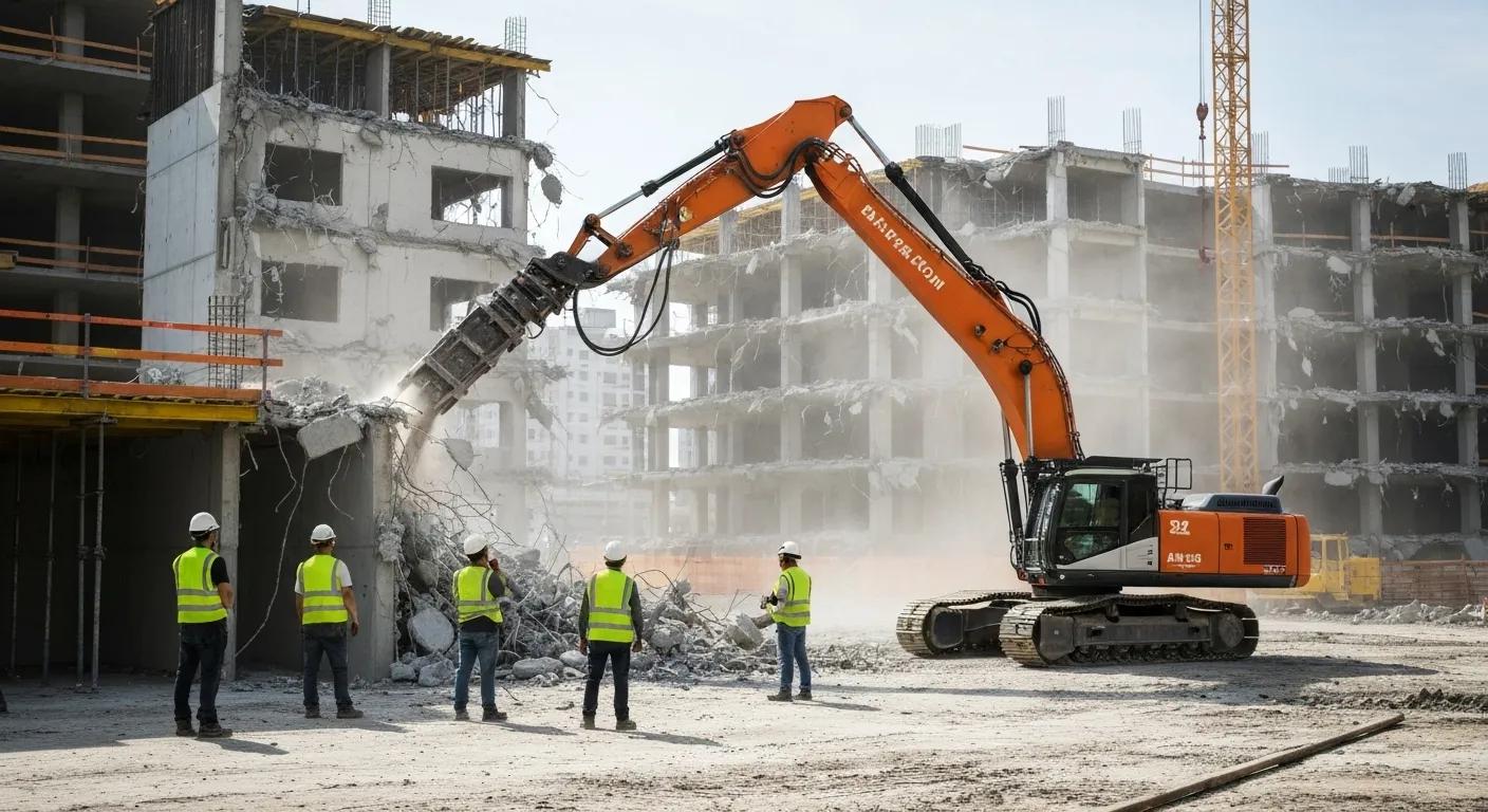 Robotic demolition machine operating on a construction site with workers observing from a safe distance