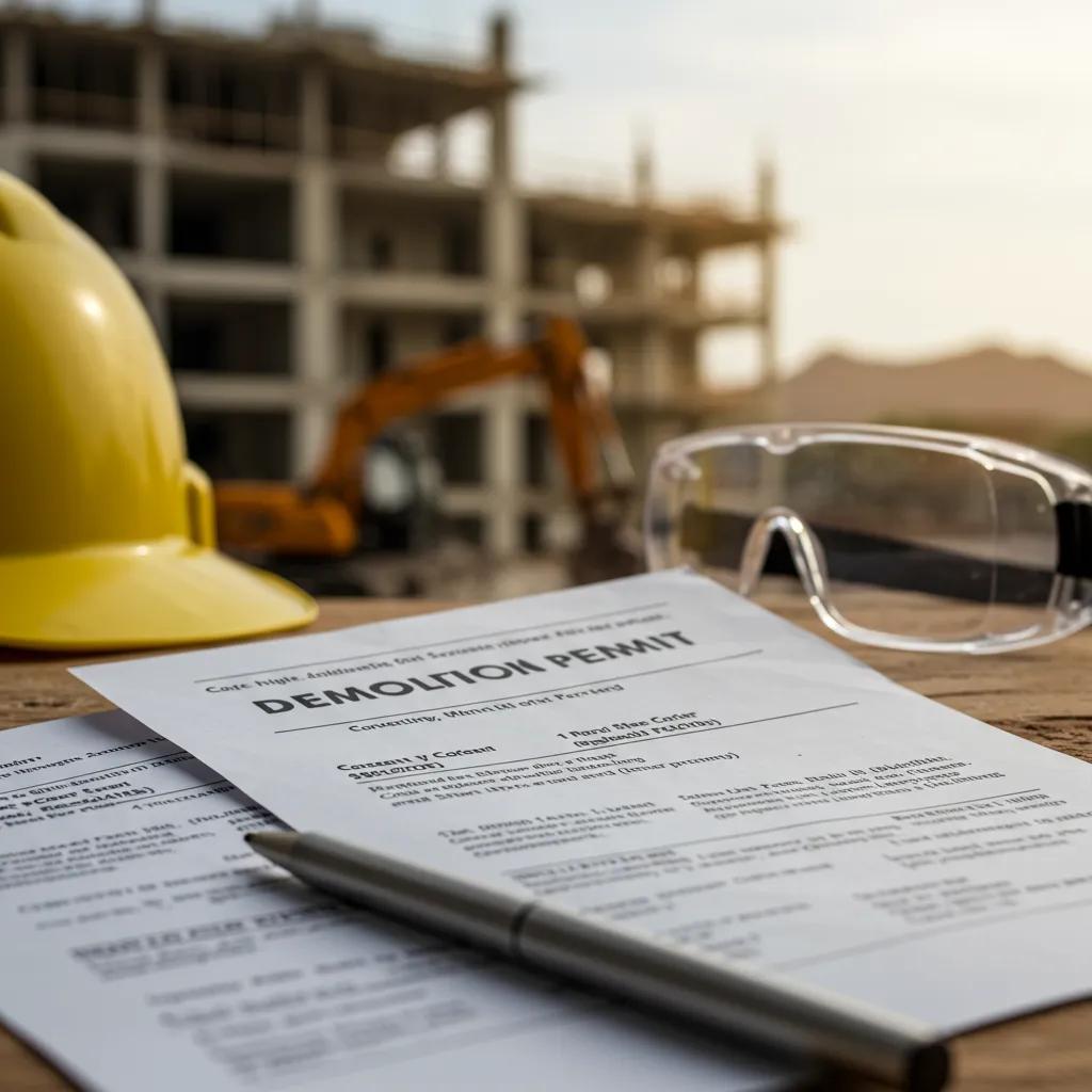 Close-up of a demolition permit document with construction tools