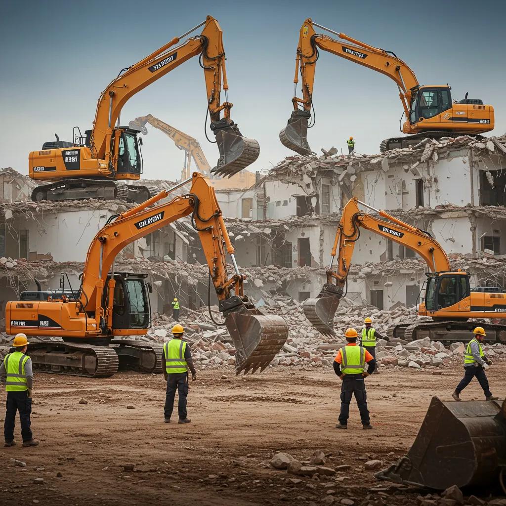 Demolition workers in safety gear operating machinery at a construction site