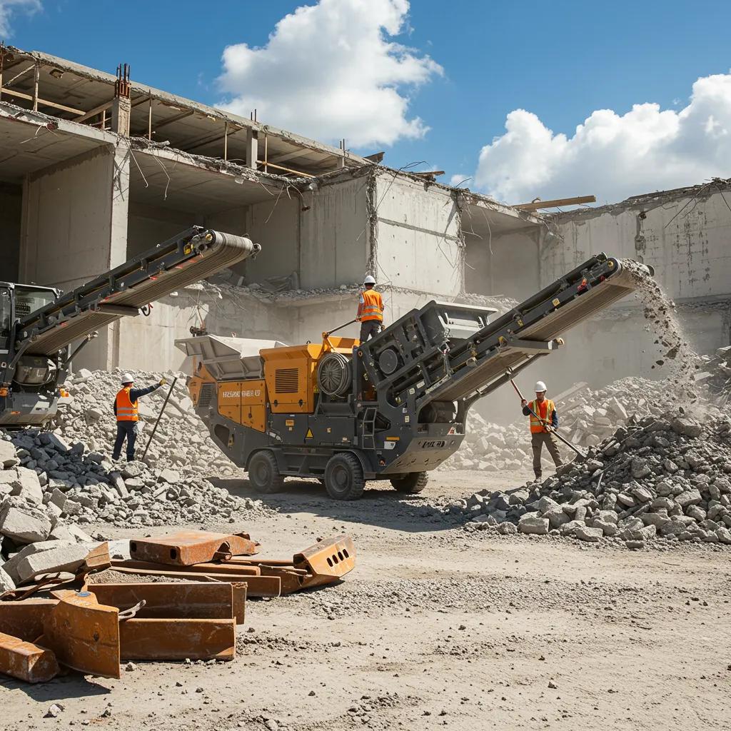 Eco-friendly demolition practices with workers sorting materials for recycling