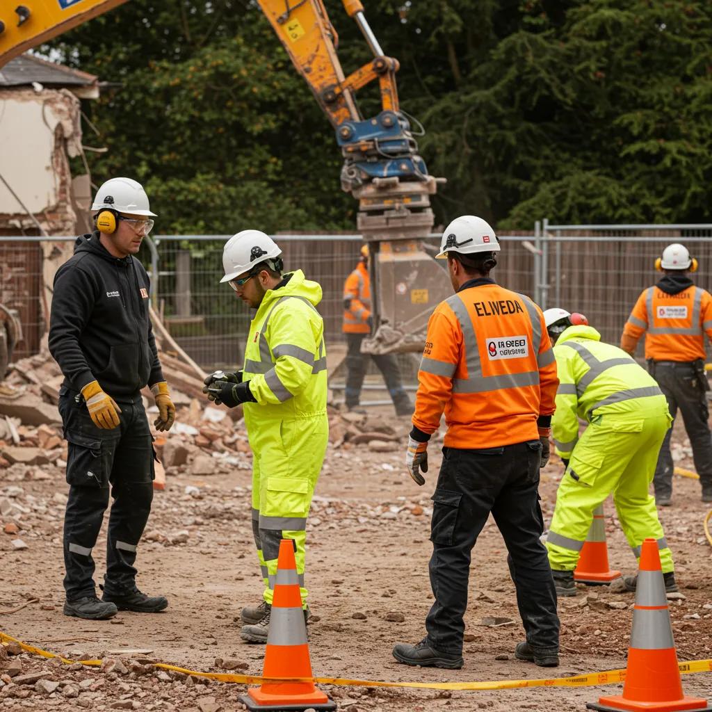 Licensed demolition contractors in PPE following safety protocols on-site