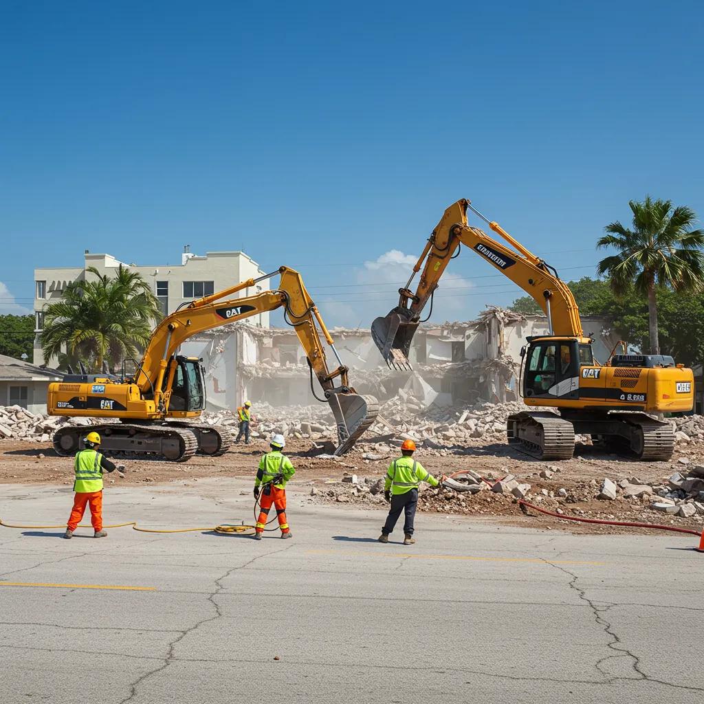 Quick demolition site in Hollywood, FL with heavy machinery and workers
