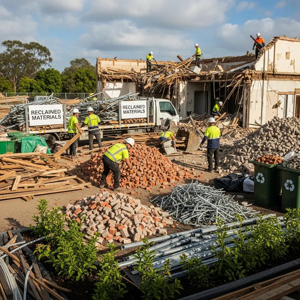 Demolition crew using environmentally friendly methods to dismantle a building and salvage materials