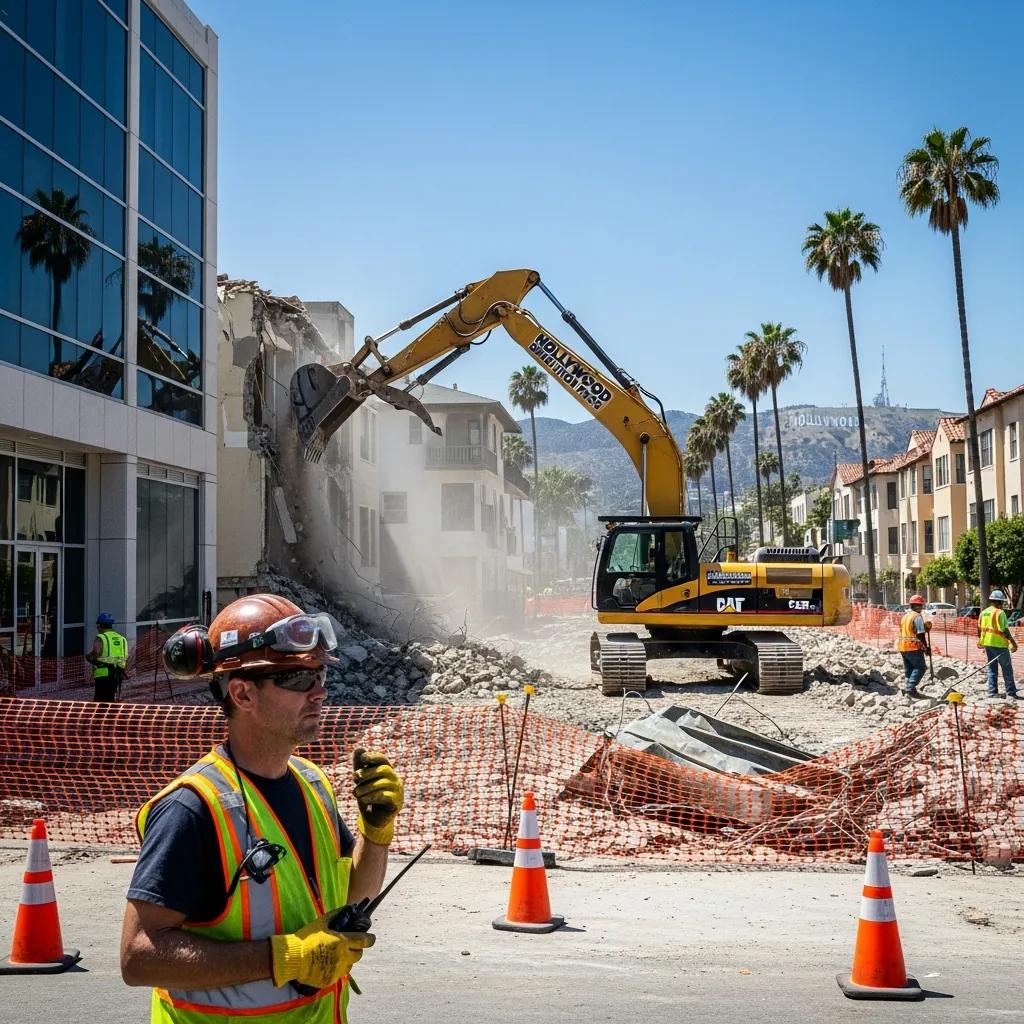 Demolition site in Hollywood with contractors and heavy machinery