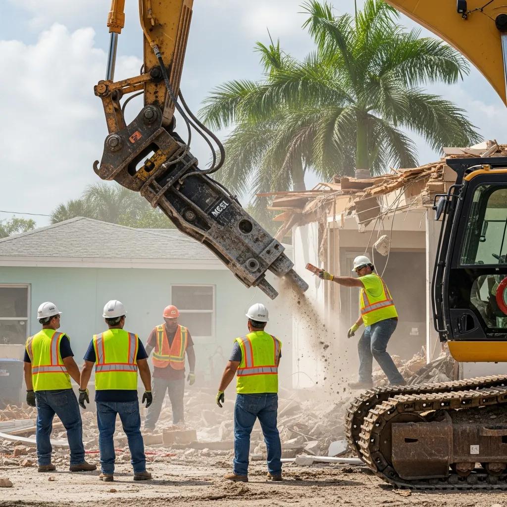 Professional demolition contractors working on a residential site in Fort Lauderdale