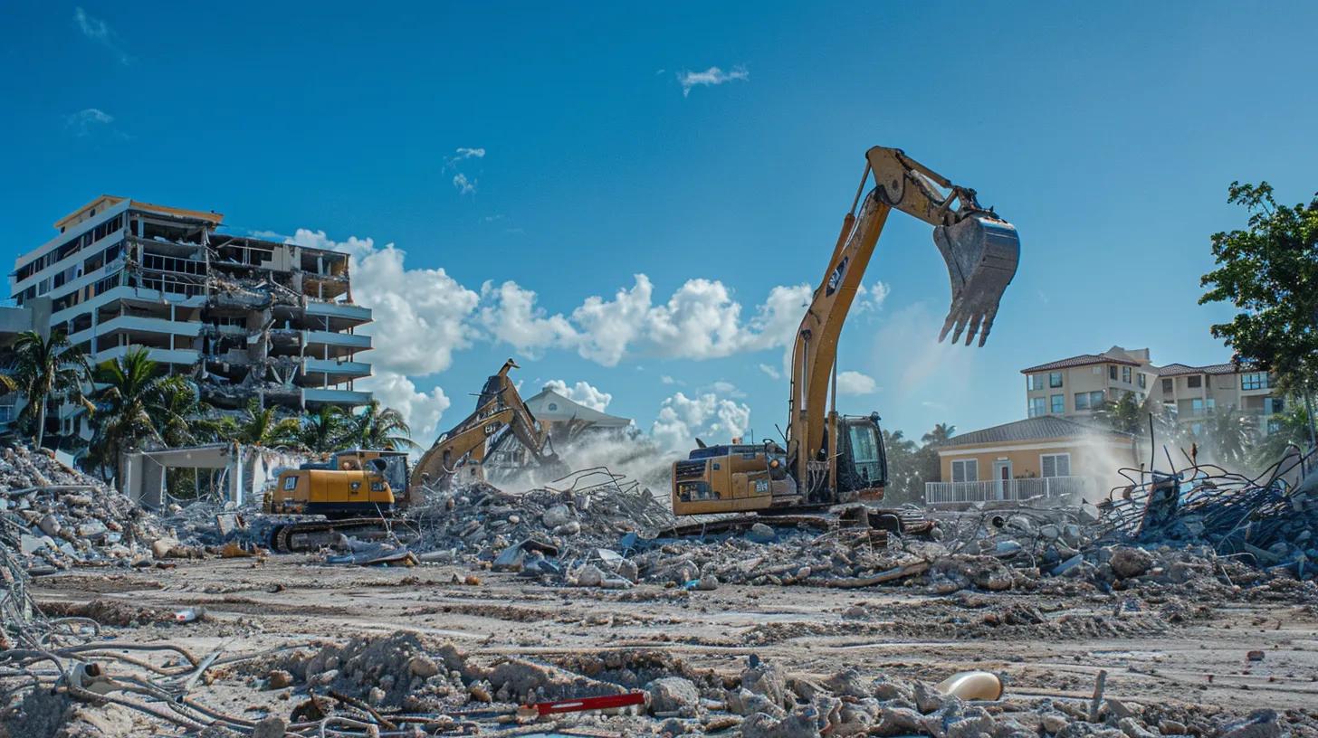 Demolition site in Fort Lauderdale with heavy machinery and buildings being demolished