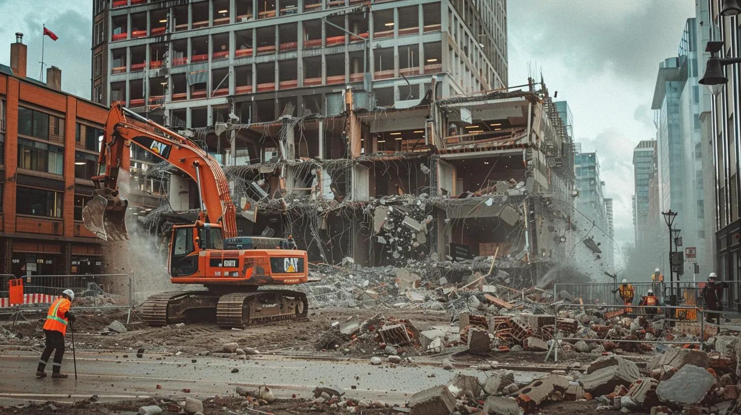 Commercial demolition project in progress with workers and heavy machinery