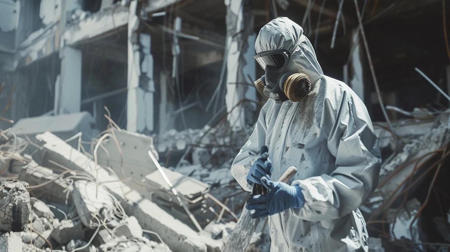 Worker in protective gear handling asbestos materials at a demolition site