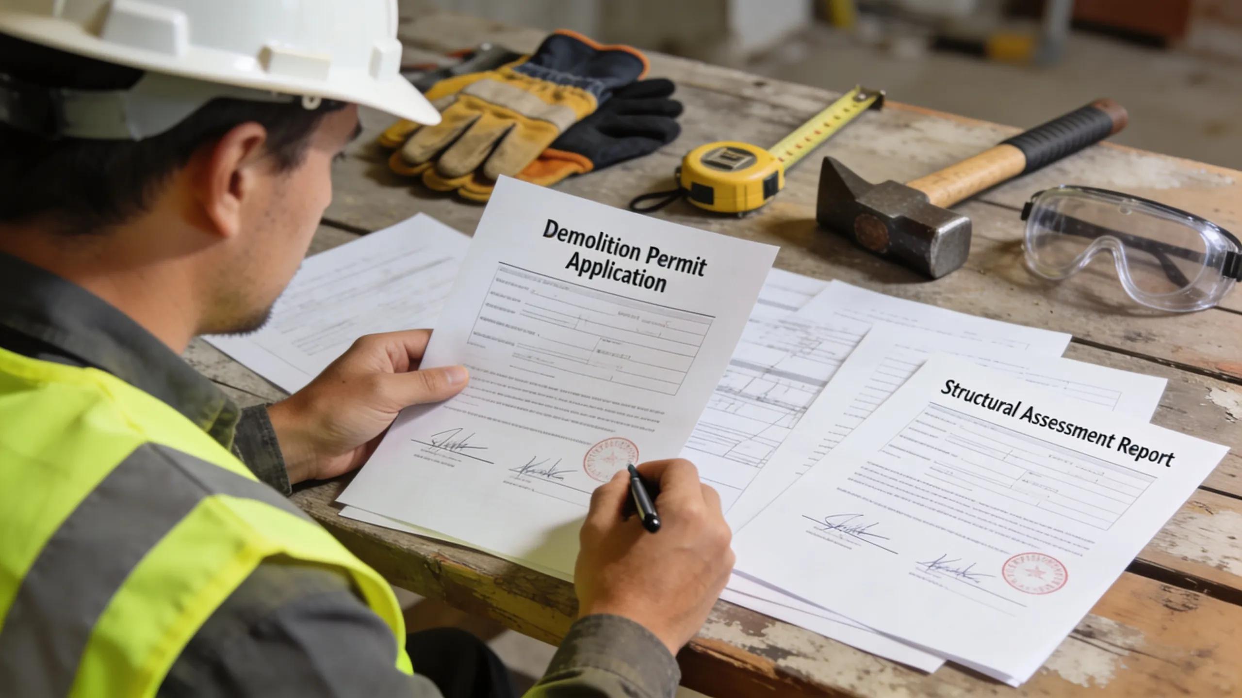 Contractor reviewing demolition permit documents at a construction site