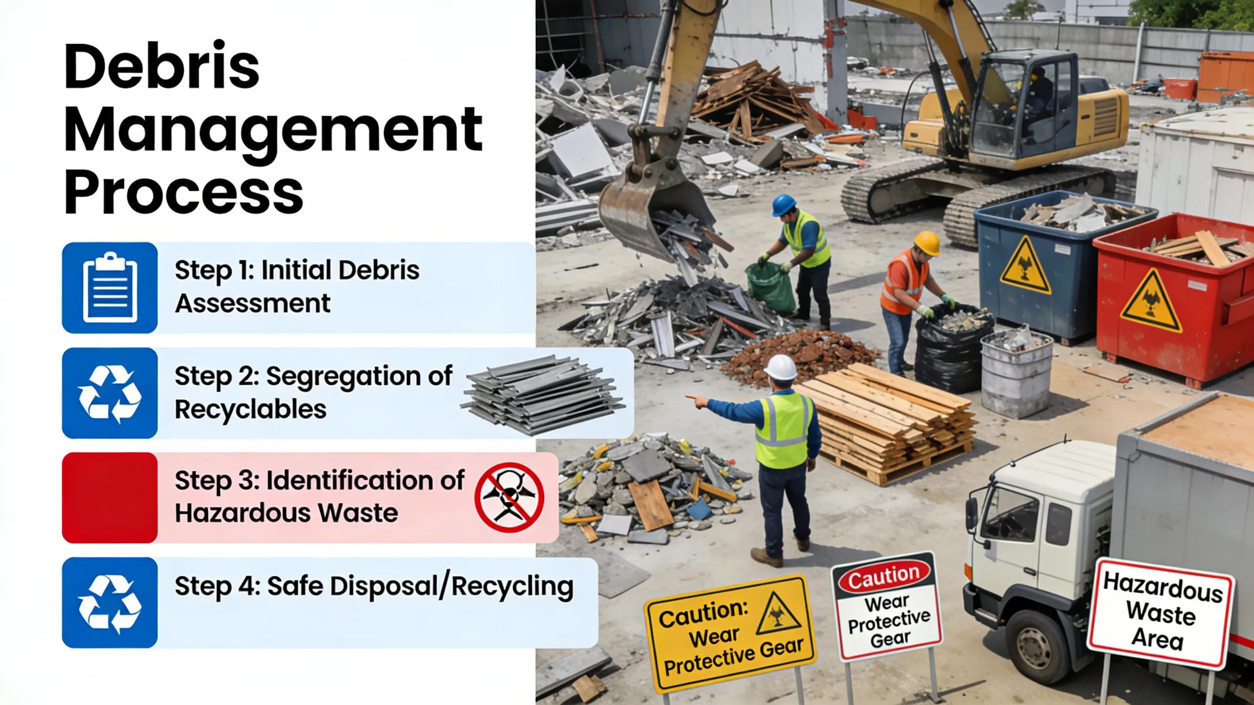 Efficient debris management and sorting at a demolition site for safety