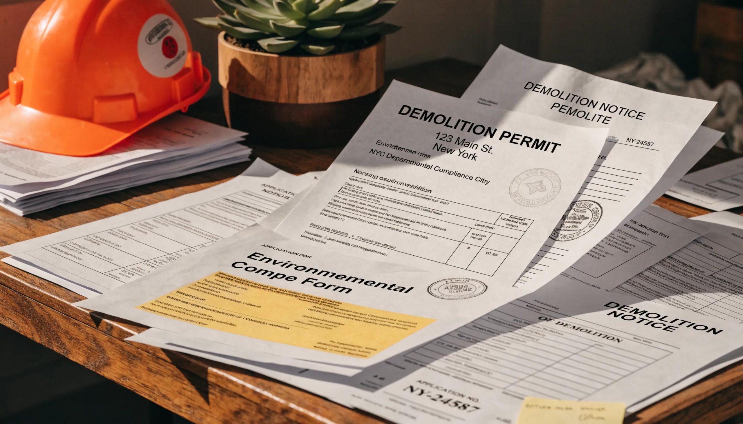 Close-up of demolition permits and compliance documents on a desk