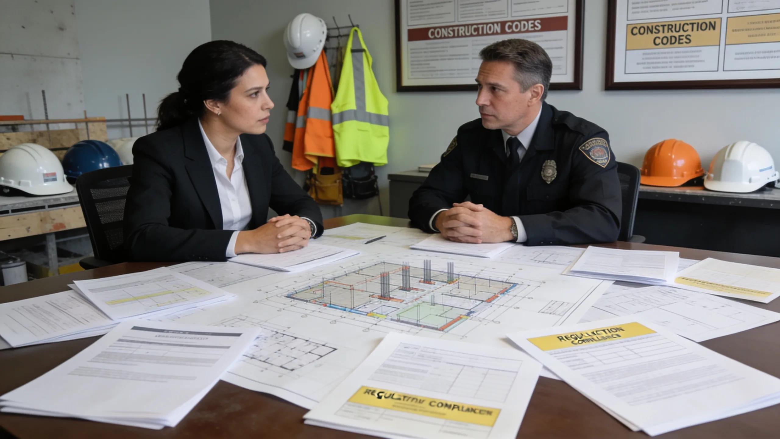 Consultation meeting for obtaining demolition permits with blueprints and documents on the table
