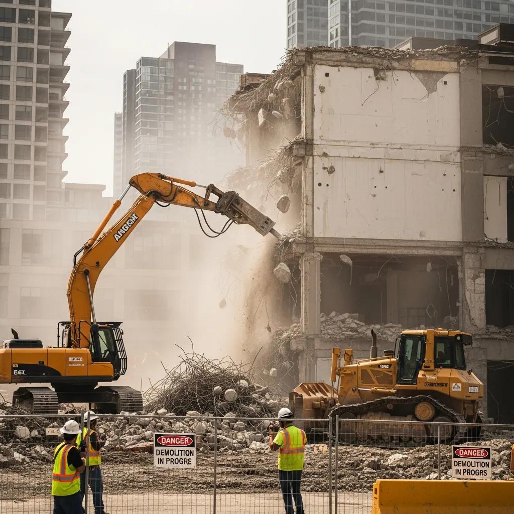 Commercial demolition site with heavy machinery and workers in safety gear