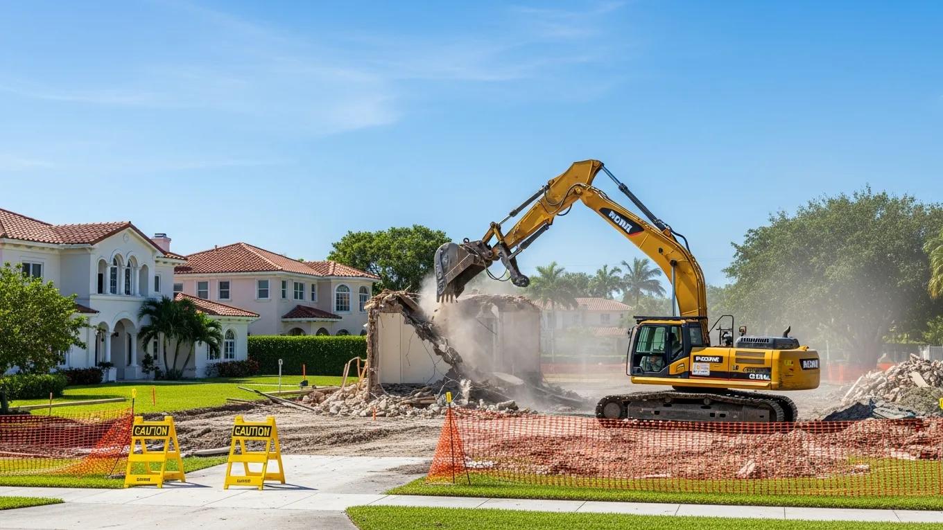 Excavator at a residential demolition site in Fort Lauderdale highlighting the demolition process