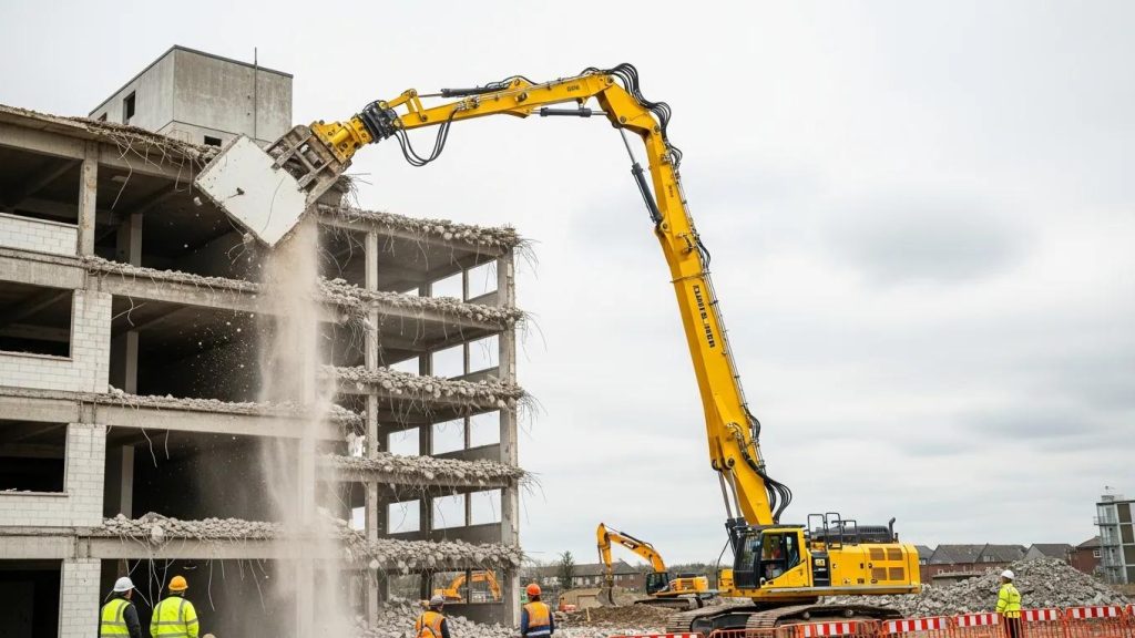 High-reach demolition robot dismantling a multi-story building, emphasizing precision and safety