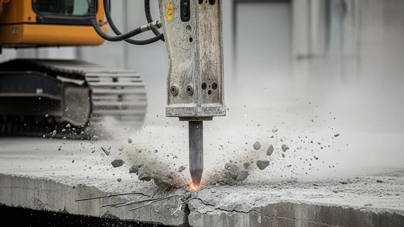 Hydraulic breaker in action breaking concrete, showcasing its efficiency in demolition