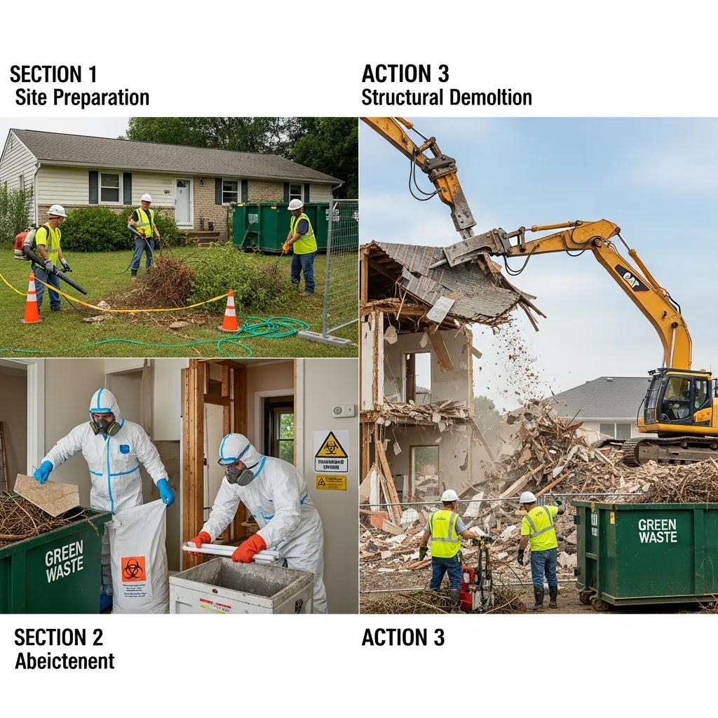 Step-by-step actions in residential demolition with workers and equipment