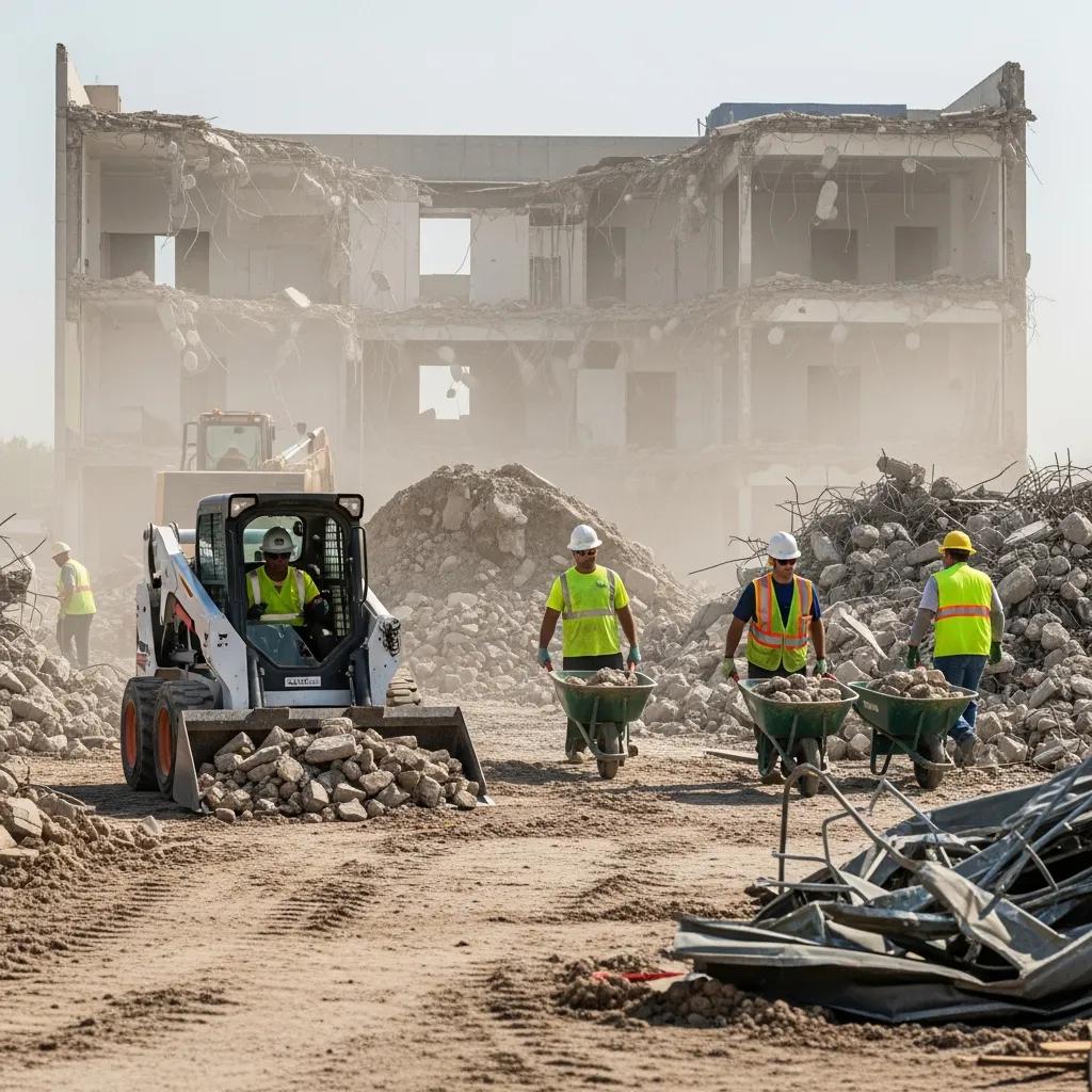 Team of workers removing debris from a demolition site