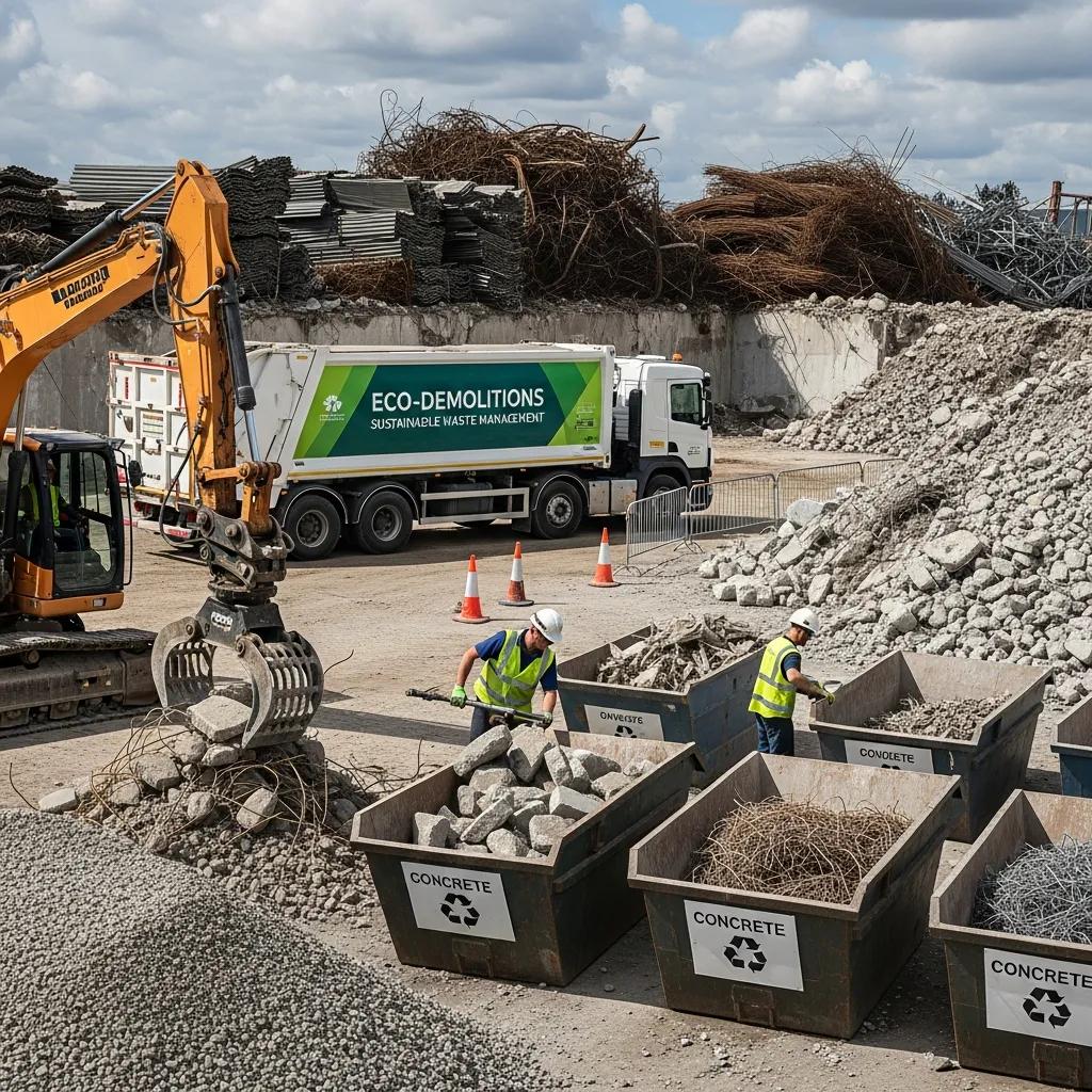 Workers sorting recyclable materials at a demolition site with a waste disposal truck