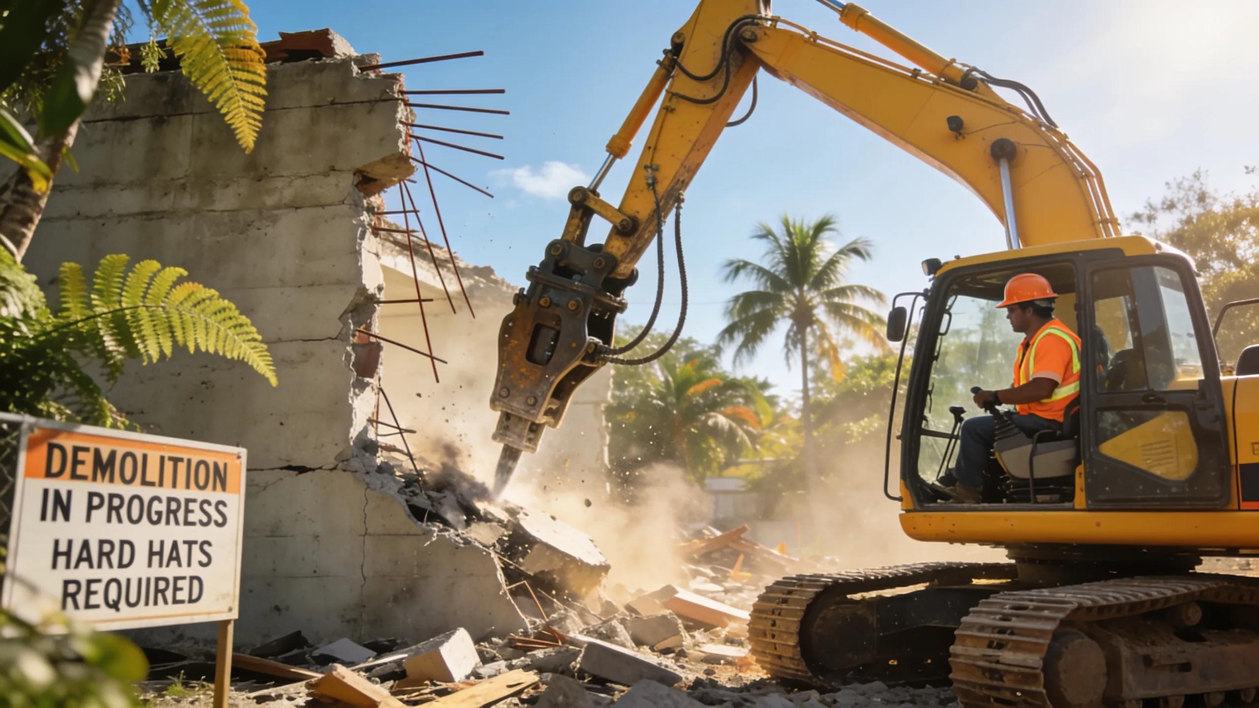 Demolition contractor with heavy machinery at a site in Plantation, Florida