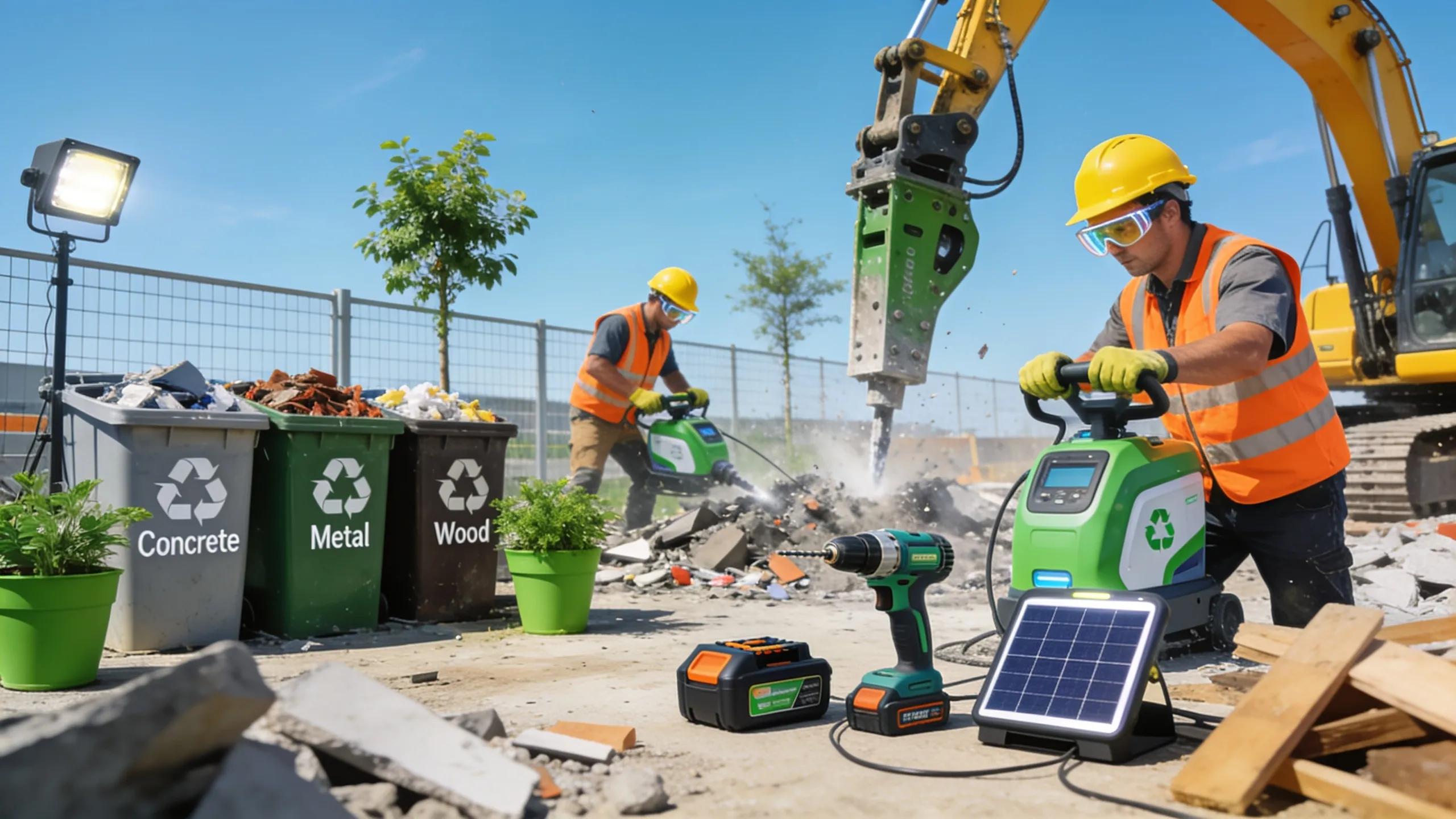 Eco-friendly demolition site showcasing sustainable practices with workers and recycling efforts