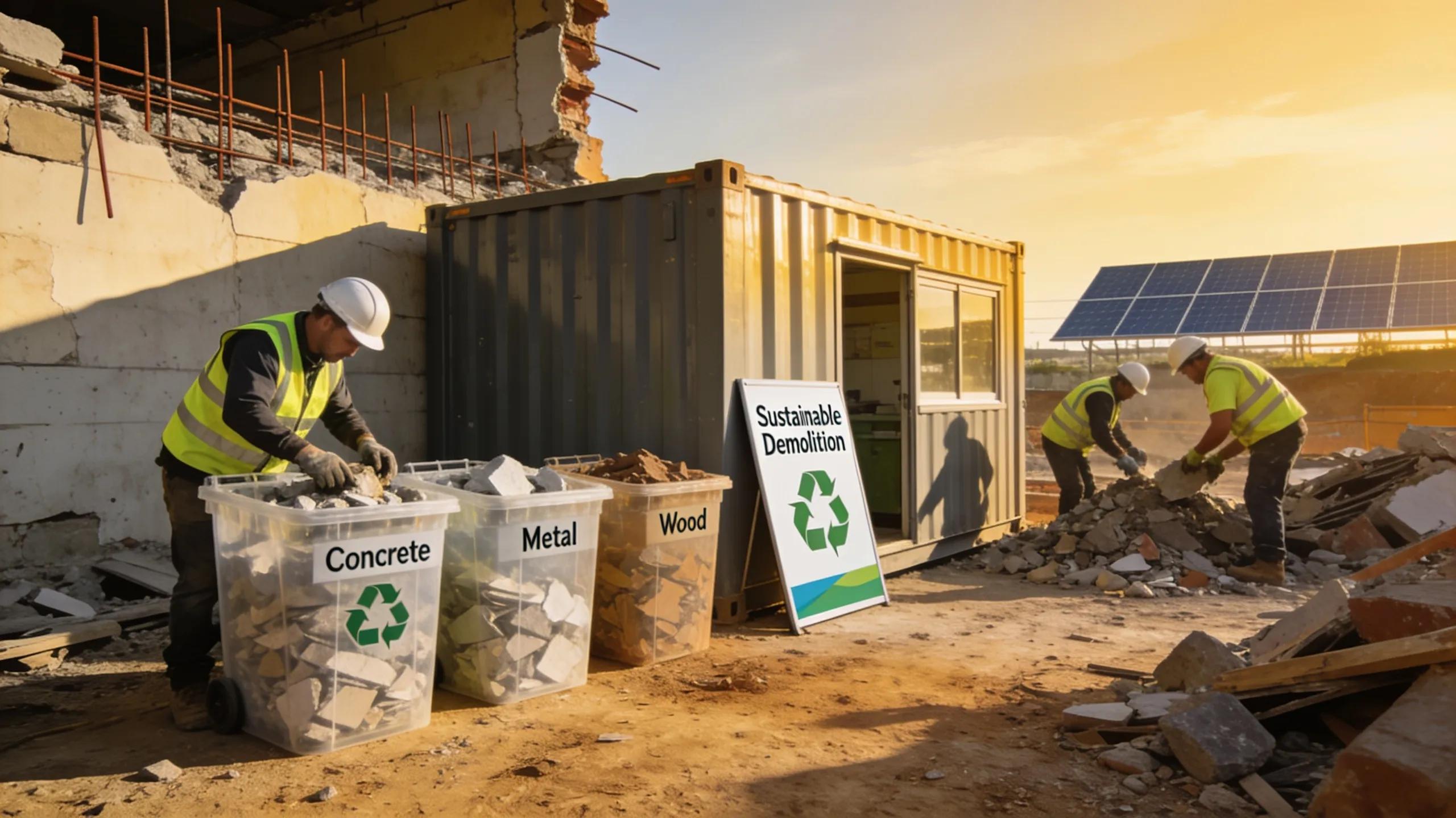 Construction crew sorting demolition debris for recycling and waste management