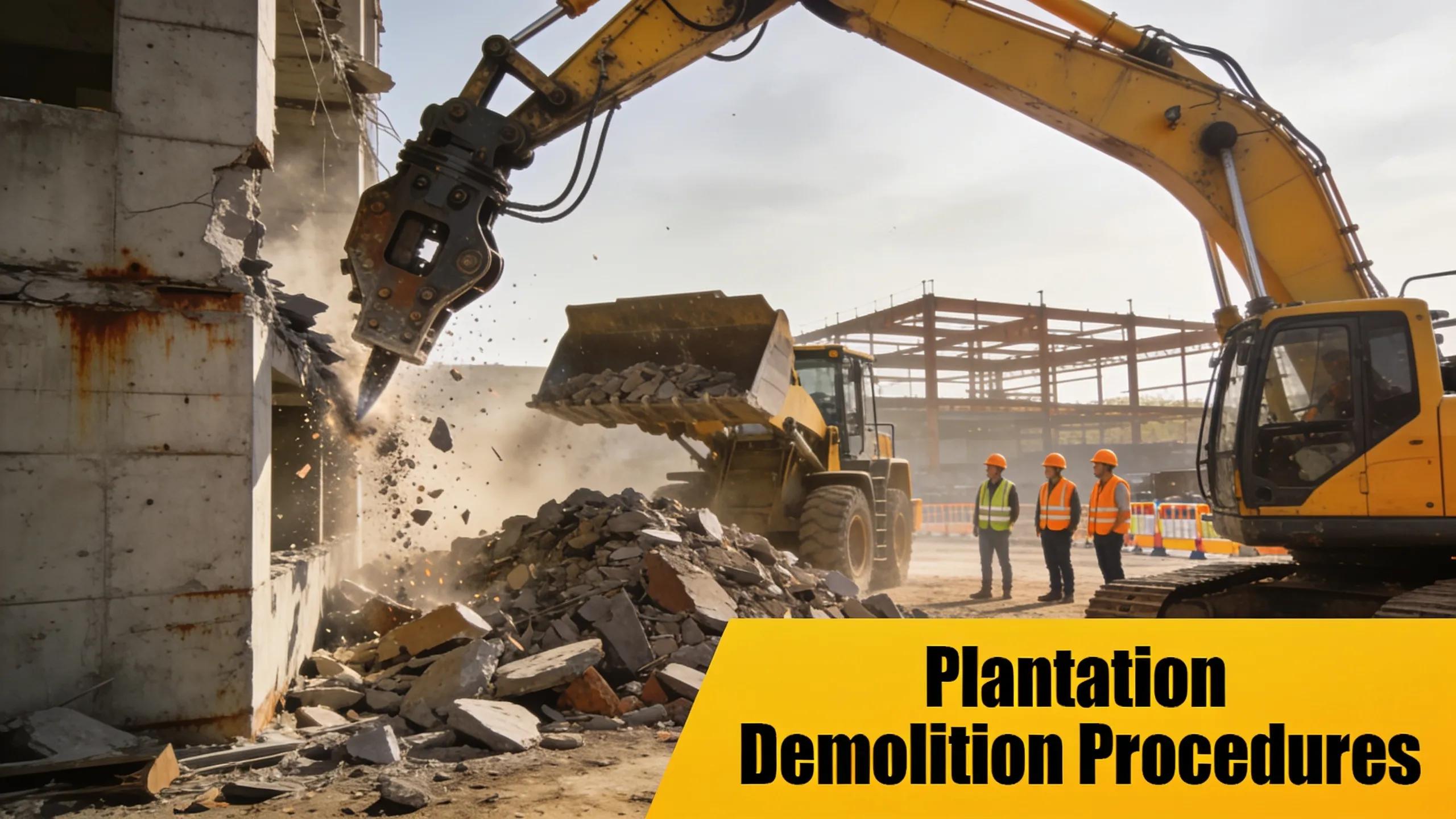 Dynamic demolition site with machinery at work, highlighting the theme of construction and safety regulations