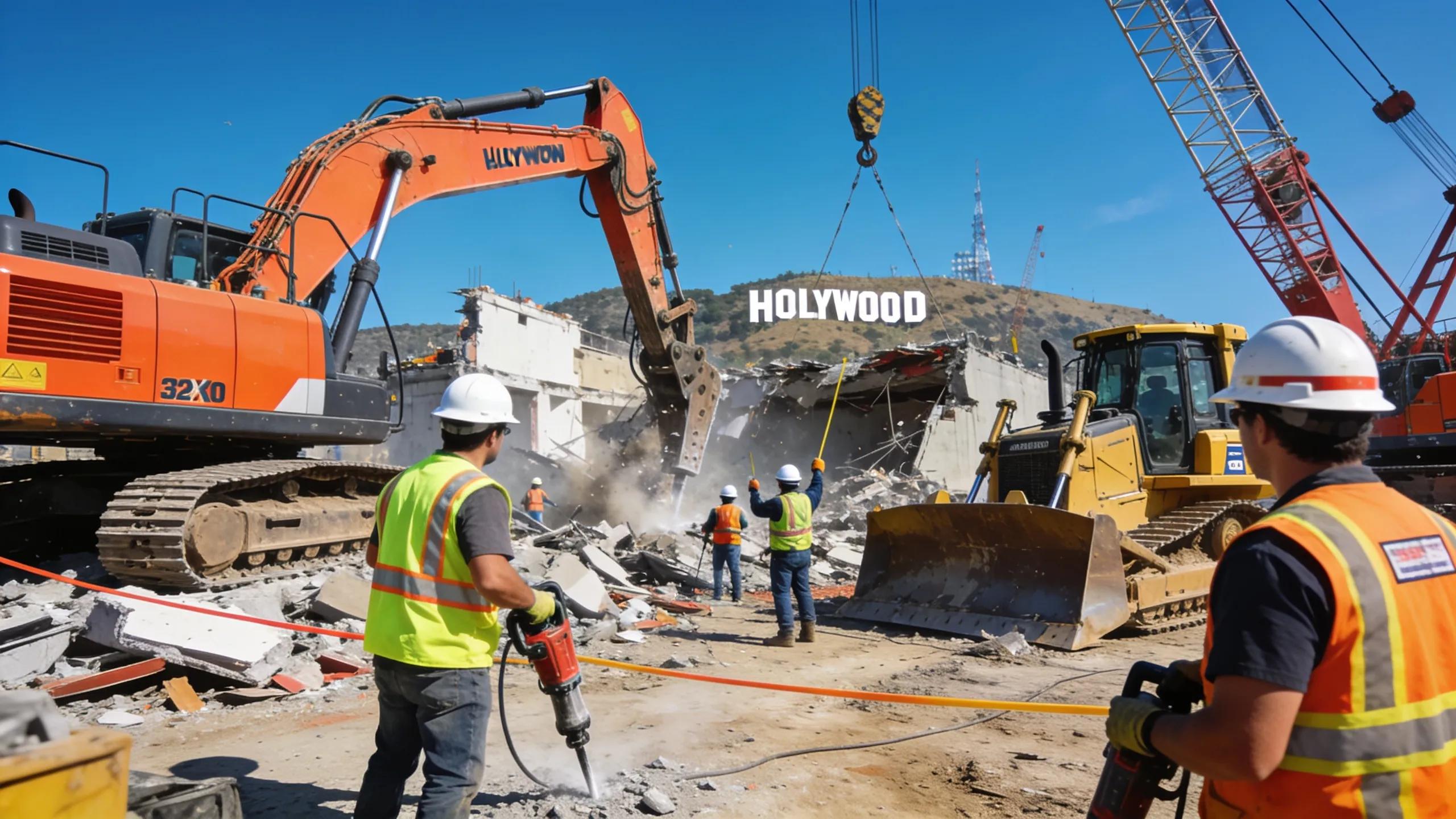 Demolition site in Hollywood with workers in safety gear and machinery