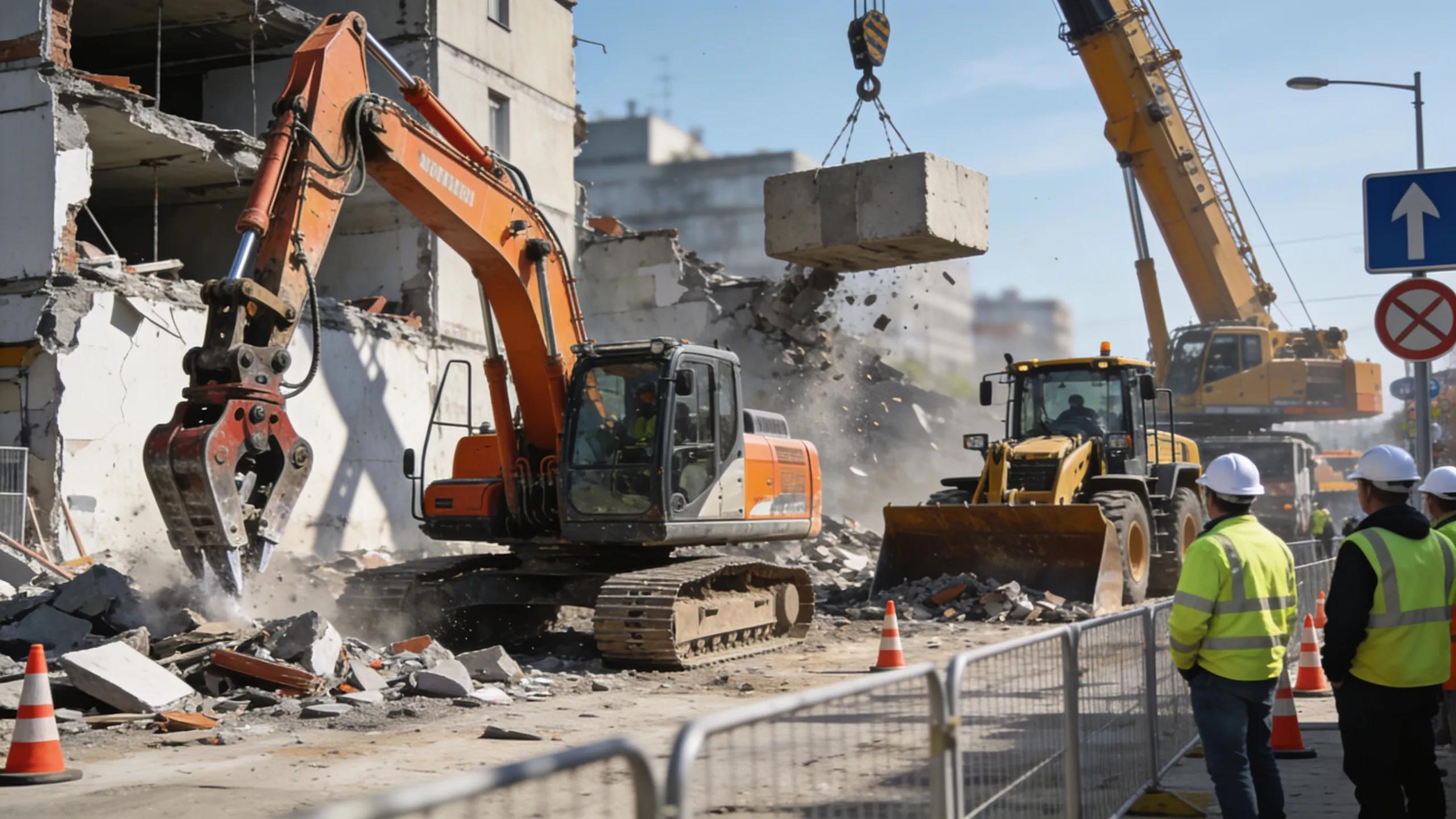 Heavy demolition machinery at work in an urban setting, showcasing various types including excavators and cranes