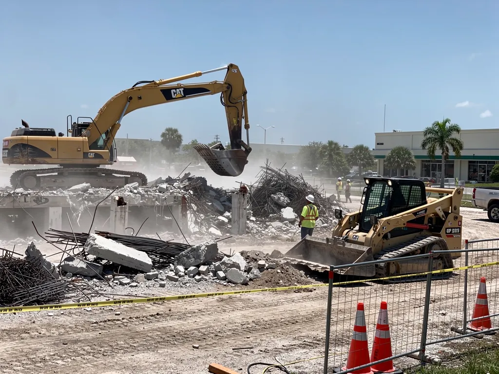 Professional demolition crew operating hydraulic excavator and skid steer at Hollywood FL commercial site